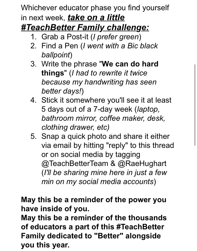 RaeHughart's tweet photo. Participating in a little #teachbetter challenge this morning. Are you in?

(Swipe to see full details or read the story in your inbox: https://t.co/PIoxsyDieP) #sundayvibes #BackToSchool https://t.co/6PzgJJB1jN