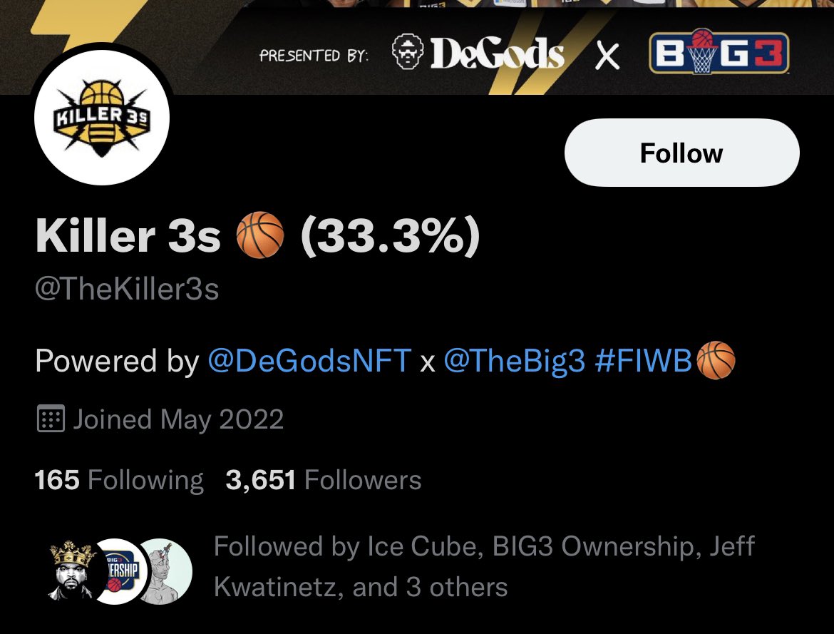 Looks like <a href="/TheKiller3s/">Killer 3s 🏀 (33.3%)</a> have more followers than us. <a href="/AxieInfinity/">Axie Infinity</a> community, are we really going to let <a href="/DeGodsNFT/">DeGods</a> show us up like this??