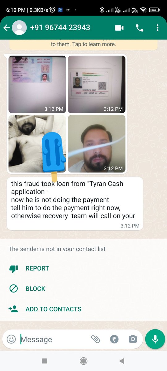 SoBhakt's tweet photo. I Received a wp msg from loan recovery  team from "Tyran Cash app".
I think they got my number from his contact list coz he's my ex-colleage.
They use morphed pictures of him. @sasnagarpolice pls look into this matter.
I don't have his number.
@pscyberpkl https://t.co/VvBF1jGzjP