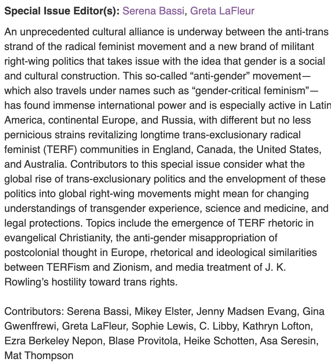 JenniferVEvans's tweet photo. Adding to the 'must read' list: the new @tsqjournal special issue on "Trans Exclusionary Feminisms and the Global New Right." 

https://t.co/ioBGeju2d8 https://t.co/c4jM0um1ny