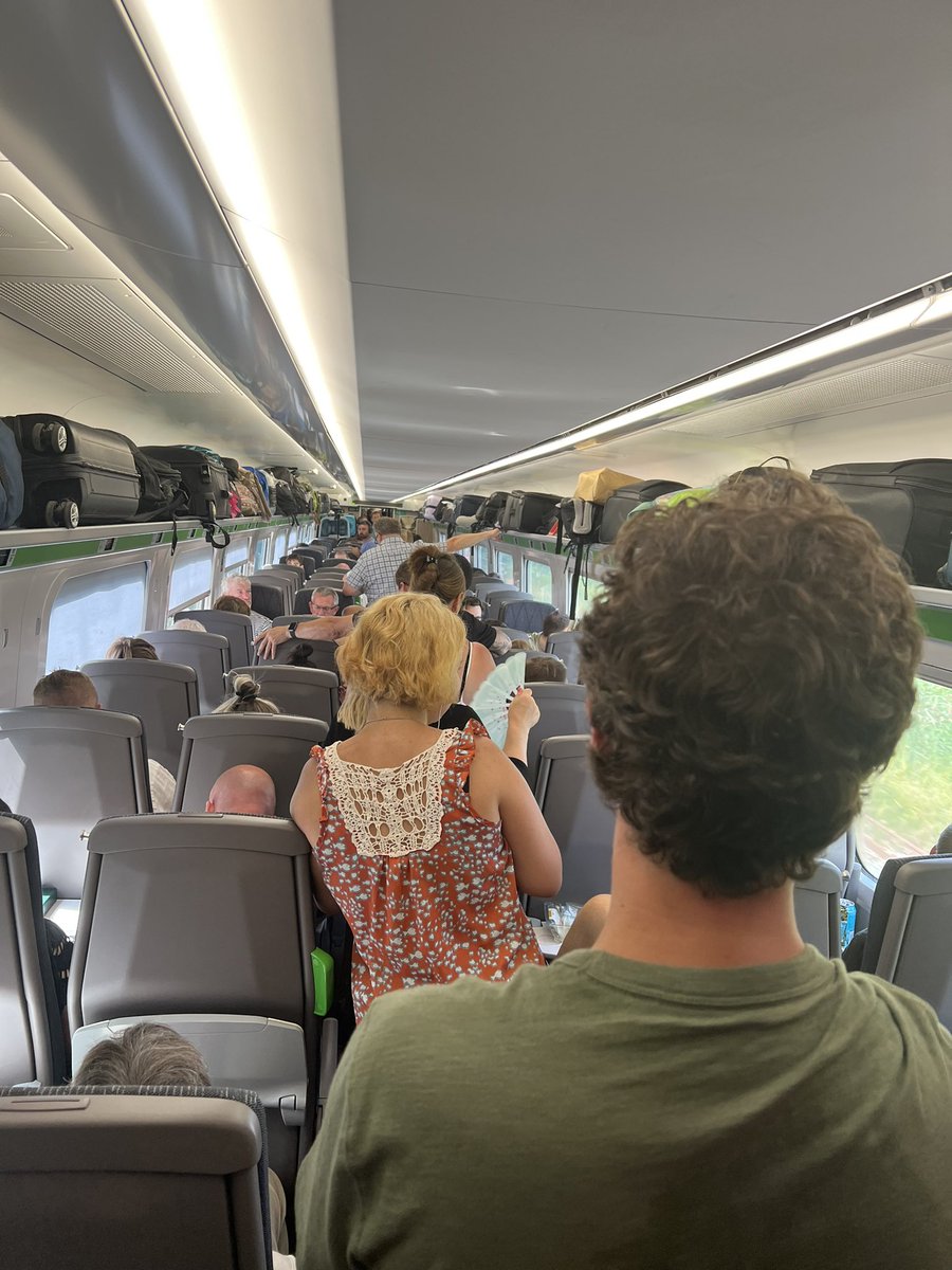 chellbarrow's tweet photo. On an absolute packed @GWRHelp train from #londonpaddington to #penzance  with no air conditioning or open windows in heatwave conditions is an absolute joke 🥵. Everyone feeling very ill and faint. https://t.co/sQP8acTEs1