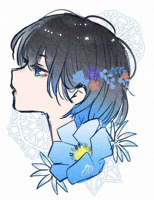 今日の横顔。黒髪美女とお花 