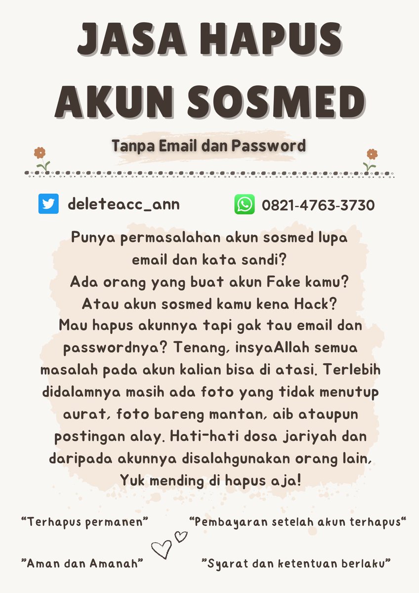 deleteacc_ann's tweet photo. Punya akun jaman dulu yg isinya postingan alay/aib? Mau hapus akunnya tp lupa email dan pass? Atau akun kamu di hack?

Yuk bisa hubungi @deleteacc_ann jasa hapus akun permanen ✨

✅ Tanpa Email dan Password

✅ Trusted

✅ Aman dan Amanah

https://t.co/I8pszwoBgT ♡ˎˊ˗ https://t.co/6sudRujJ7Z