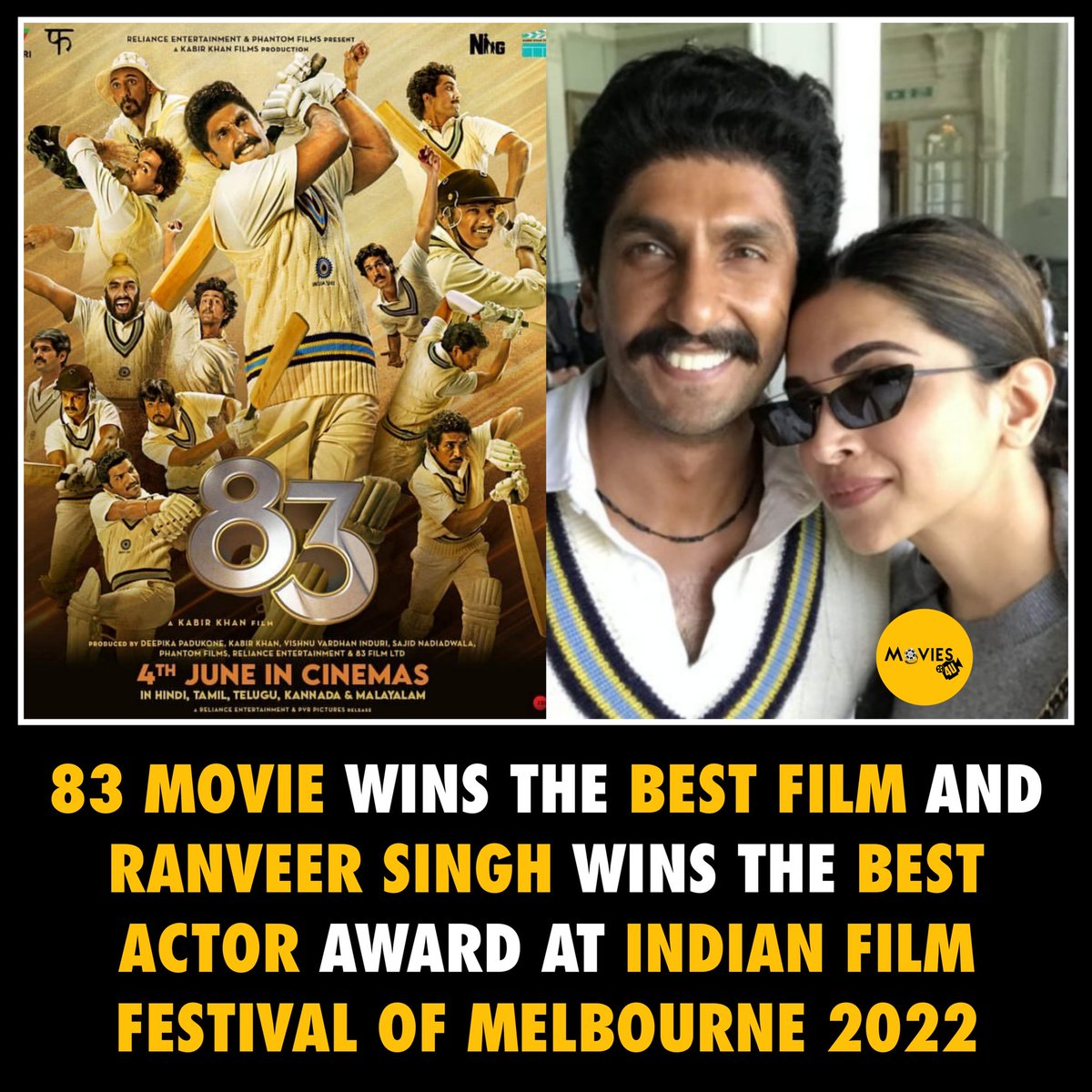 Congratulations 👏 @RanveerOfficial and team #83Movie for winning best actor & best film at the #IndianFilmFestivalOfMelbourne2022