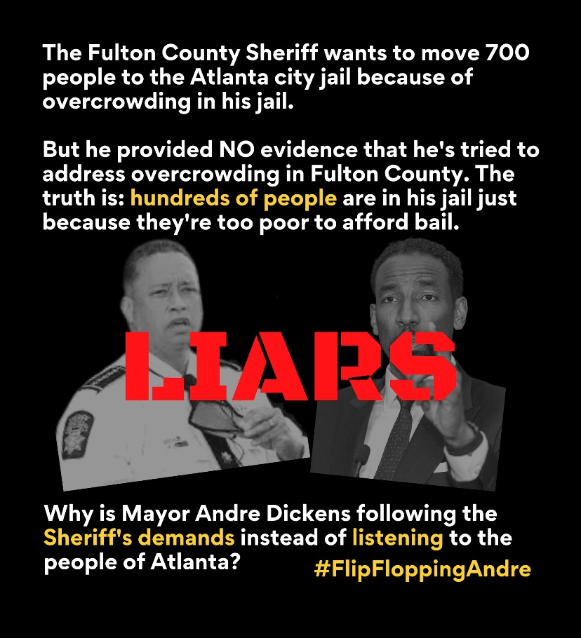 jenwillsea's tweet photo. Despite his commitment to serve The People, Atlanta Mayor @andreforatlanta has instead chosen to serve corporations and powerful interests—going back on his promise to close the city jail. Tell #FlipFloppinAndre to stop flip flopping and close the jail! @closethejailatl https://t.co/pOyD34GDLd