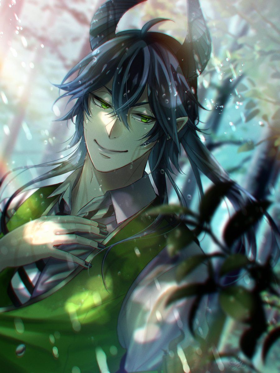 1boy male focus horns green eyes pointy ears solo long hair  illustration images