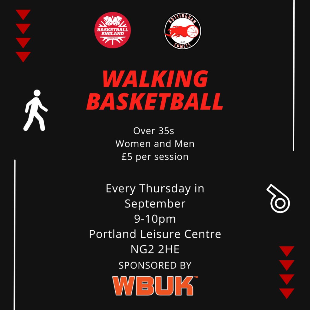 NikalaElliott's tweet photo. Walking Basketball is coming to Nottingham this September.  £5 per session or £20 for all on the first night.  Makes no difference if you have never picked up a ball in your life, or used to play.  Come give it a try! @NottsComets https://t.co/DbIAWI4DNE