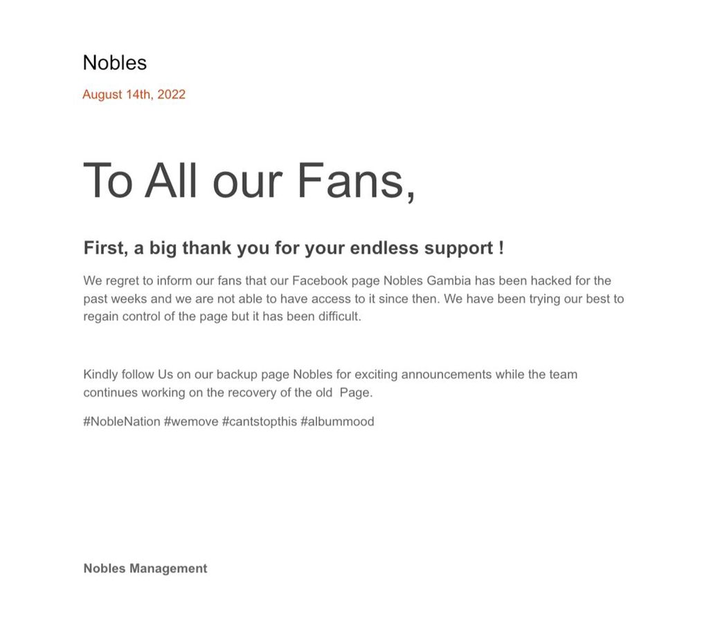 Noblesofficial_'s tweet photo. Kindly follow Us on our backup page Nobles for exciting announcements while the team continue working on the recovery the old Page. https://t.co/07Rylql047
#NobleNation #wemove #cantstopthis #albummood https://t.co/pLkdAb6gaB