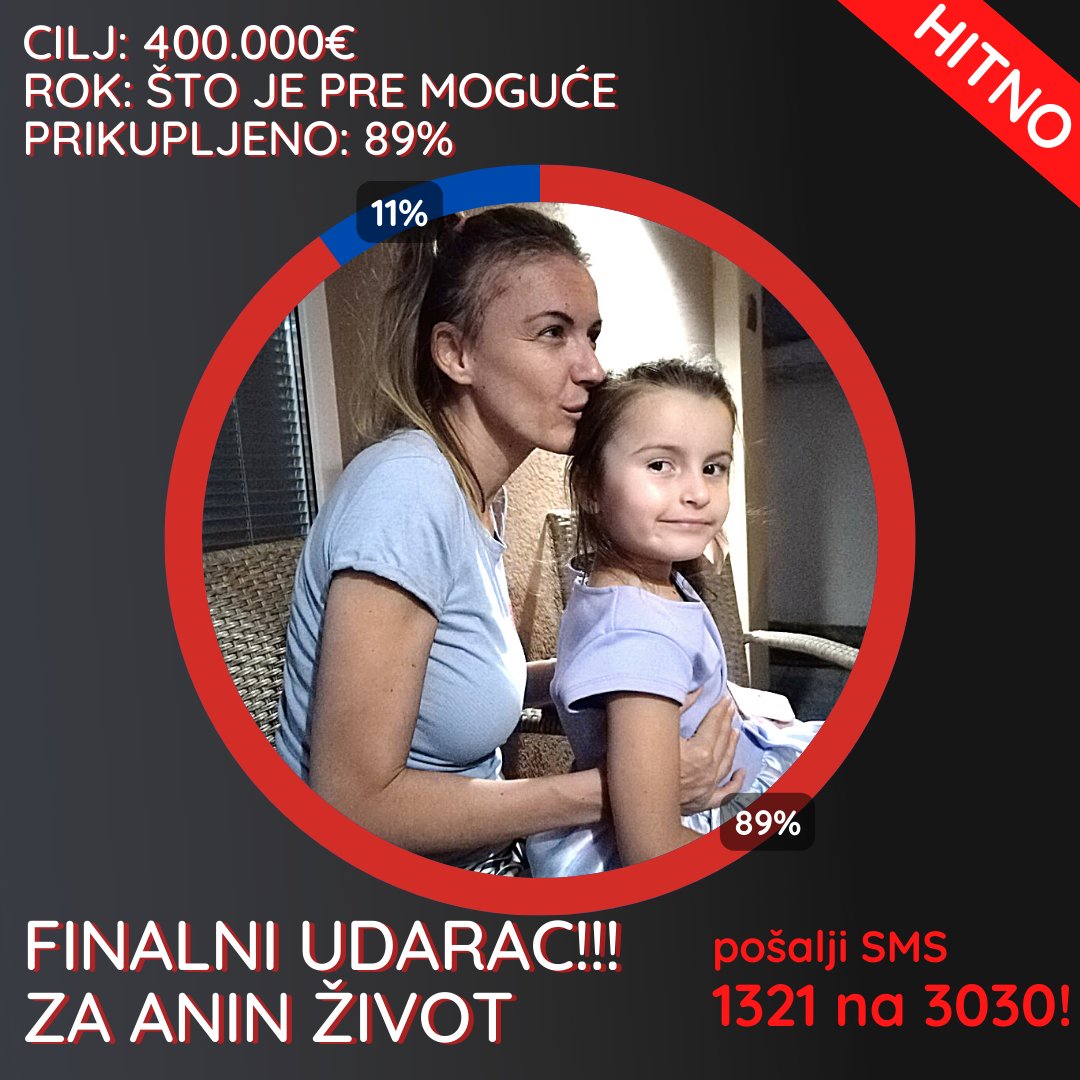 Ana je mama devojcice od 5g i vodi veliku bitku sa zloćudnim, galopirajućim kancerom na mozgu! 
Šansa izlečenja u Japanu je 92%, ali mora da stigne što pre, pre nego se stanje pogorša inače je izgubljena.
Podržimo je, bar SMS-om i masovnim retweetom!
Možemo bar to!
