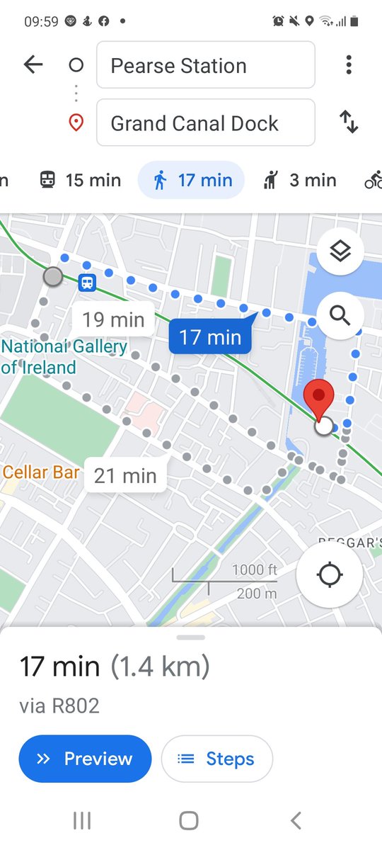 SineadConnolly3's tweet photo. @IrishRail Thank you. I agree with others who suggest shuttle buses would be an idea between closed stations to Grand Canal for Southbound passengers. The walk distances between stations (no direct bus) seen below: https://t.co/Hq06quFZUl