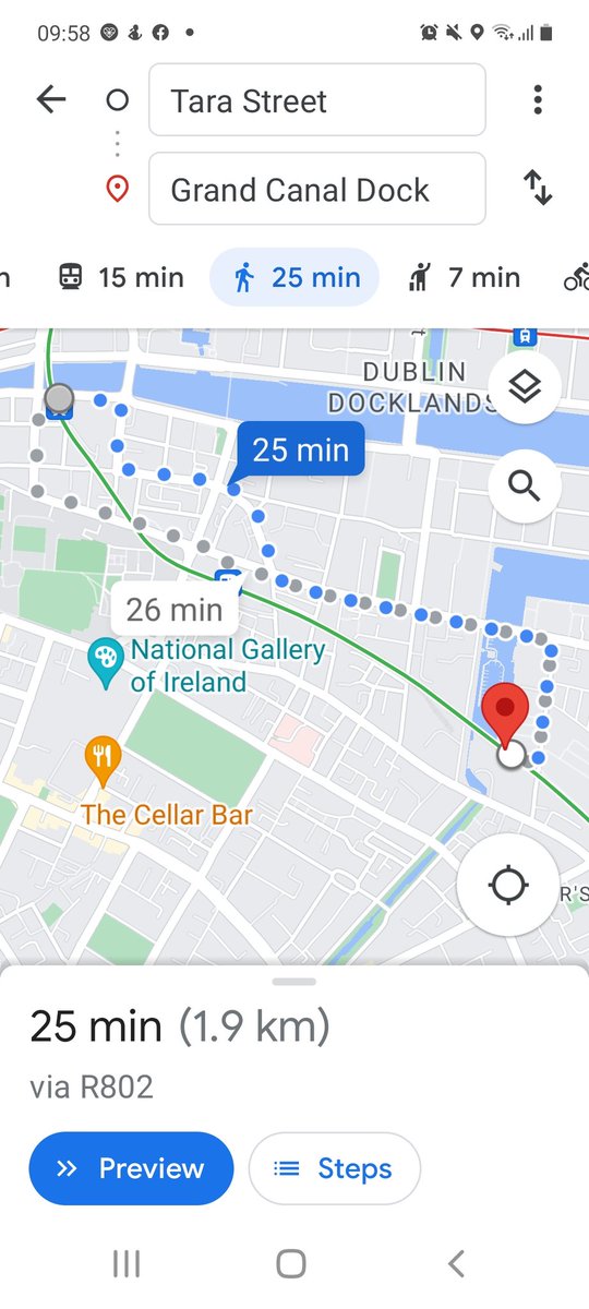 SineadConnolly3's tweet photo. @IrishRail Thank you. I agree with others who suggest shuttle buses would be an idea between closed stations to Grand Canal for Southbound passengers. The walk distances between stations (no direct bus) seen below: https://t.co/Hq06quFZUl