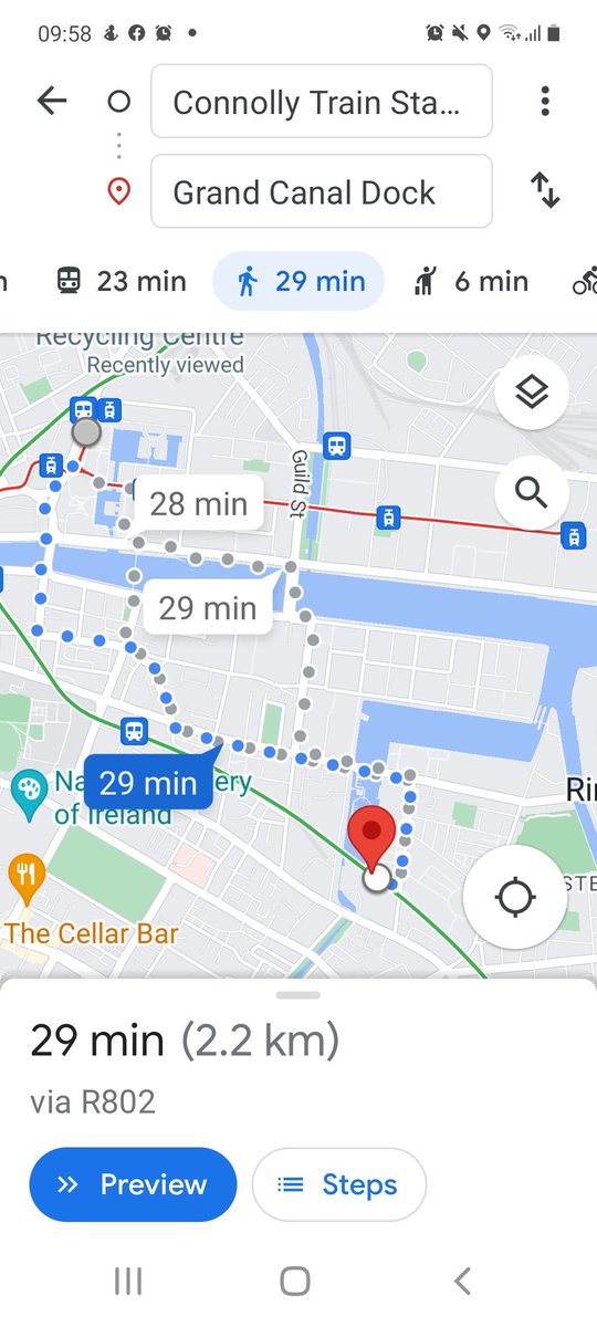 SineadConnolly3's tweet photo. @IrishRail Thank you. I agree with others who suggest shuttle buses would be an idea between closed stations to Grand Canal for Southbound passengers. The walk distances between stations (no direct bus) seen below: https://t.co/Hq06quFZUl