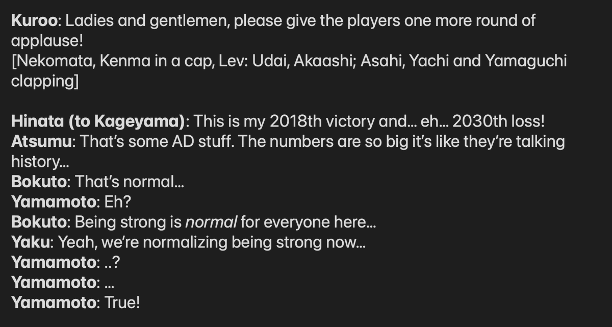 TrianaNero's tweet photo. A translation of the whole new bonus chapter from Furudate-sensei for the Haikyuu!! x V.LEAGUE "The Volleyball" collaboration match (takes place after the game)! It was voiced and shown during the stream. If you happen to see it leaked, please do NOT spread the images ‼️ https://t.co/3D83WeGghF