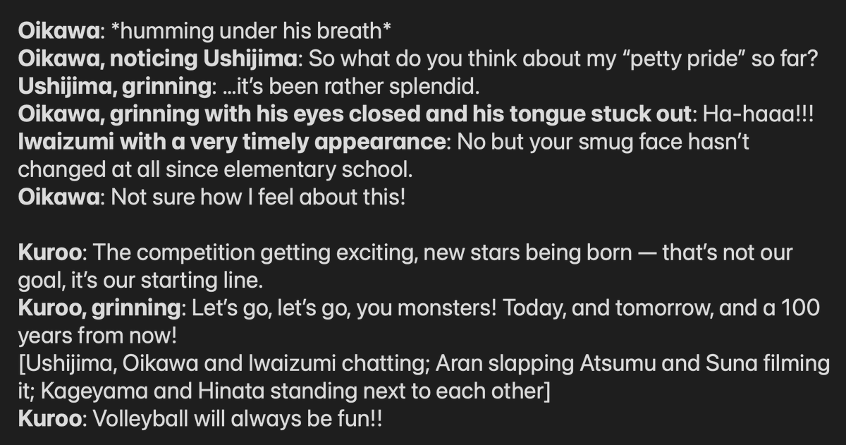 TrianaNero's tweet photo. A translation of the whole new bonus chapter from Furudate-sensei for the Haikyuu!! x V.LEAGUE "The Volleyball" collaboration match (takes place after the game)! It was voiced and shown during the stream. If you happen to see it leaked, please do NOT spread the images ‼️ https://t.co/3D83WeGghF