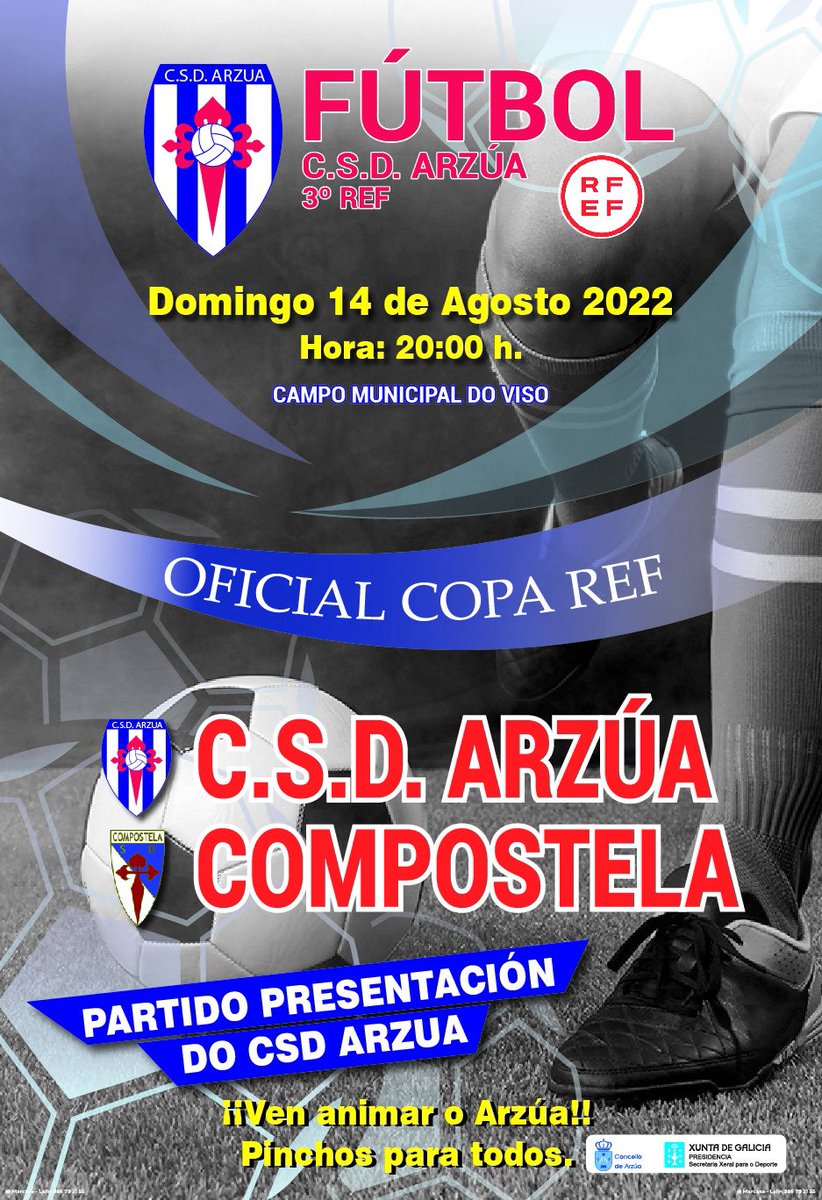 DÍA DE PARTIDO! 🏟 Hoxe, ás 20 horas, no Municipal do Viso, <a href="/CSDArzua/">CSD Arzúa</a> - <a href="/SD_Compostela/">S.D. Compostela</a>. Partido da Copa RFEF! #ImosCSD