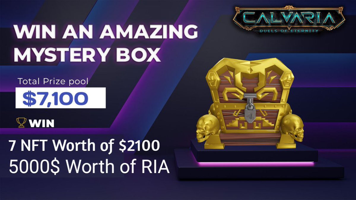 😁 We've Partnered up with <a href="/CalvariaP2E/">Calvaria: Duels of Eternity</a> 🔥

🥳🥳 Total Giveaway Pool - 7 Mystery Boxes + 5,000 $RIA

(NFT worth of 300$-1500$/BOX) 

To Win 🏆
✅ Follow  and @CB_SOLANA &amp; <a href="/NFTVenturePro/">NFT Venture || Web 3.0 🧭</a> &amp; <a href="/CalvariaP2E/">Calvaria: Duels of Eternity</a>

➡️ ❤️ RT &amp; Tag 3 Friends
➡️ Finish Gleam : wn.nr/3Cwxmk

#Airdrop