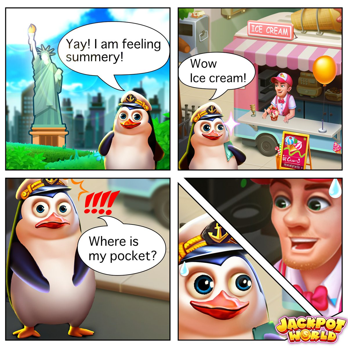 JackpotWorld_'s tweet photo. 🎨 #JackpotYonkoma again! 🤩 Guess what! 🐧 Something awkward happened when 𝑴𝒓.𝑷𝒆𝒏𝒈𝒖𝒊𝒏 came to New York... 🤣 If you like it, please leave a ❤️ emoji in the comment! #jackpotworld

⏬ GO for our game! https://t.co/dzV8jmRv61
💰 Gifts for you!  https://t.co/aeYmeZQJCD https://t.co/NLddOzvSs0