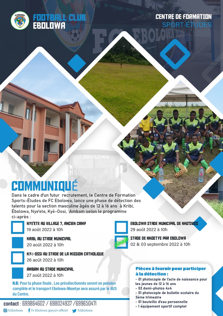 FCEbolowa's tweet photo. Nous lançons une campagne de détection pour la section masculine des jeunes talents âgés de 12 à 16ans en vue de l'ouverture prochaine du centre de formation : Nye'ete-Kribi-KyeOssi-Ambam-Ebolowa nous arrivons !
#FCE
#DetectionTour
#Football
#Cameroun
#EnsembleEcrivonslHistoire https://t.co/dd2g60b73V
