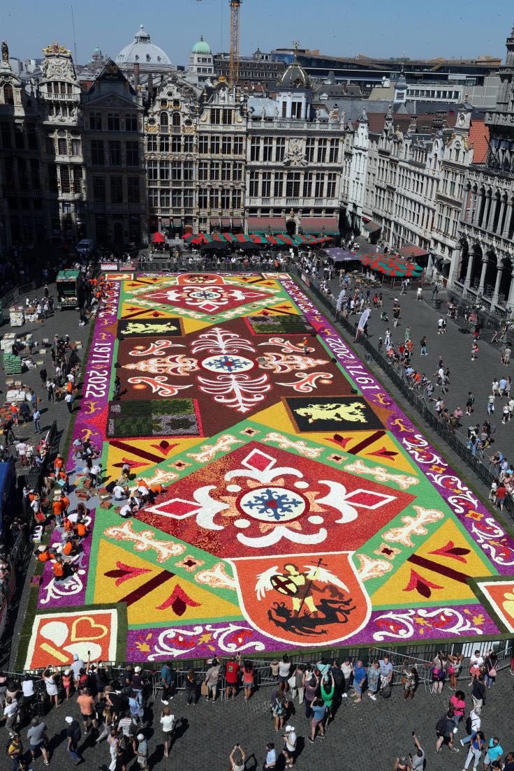 LMPositif's tweet photo. 🇧��� Après 4 ans d’absence, le tapis de fleurs est de retour sur les pavés de la Grand-Place de Bruxelles, pour sa 22e édition ! Et pour fêter les 50 ans de ce spectacle, les artistes floraux ont réinterprété le premier tapis de fleurs de 1971 ! 💐 (RTBF) https://t.co/bJDfSDTY3J