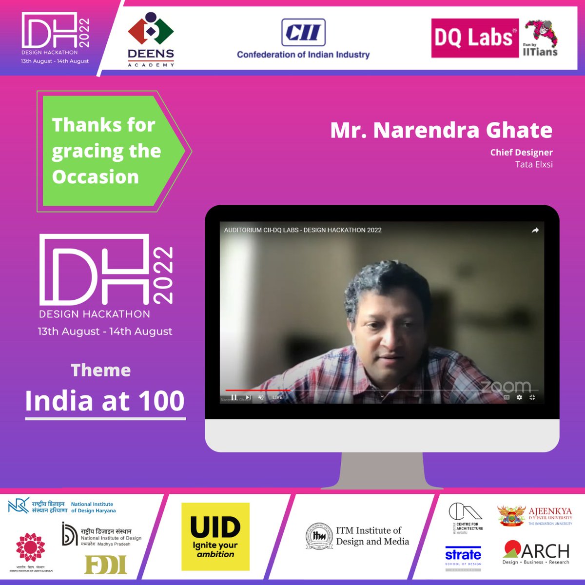 'Design Thinking is about not having any type of restrictions, designer should think from end users prospective' ~ Narendra Ghate, Chief Designer, Tata Elxsi at the CII Design Hackathon 2022 hosted by CII and DQ Labs. @pradyumnavyas2 , @tataelxsi , @ghate