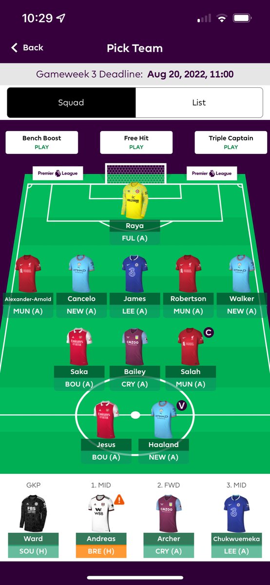 FPLBarry1's tweet photo. Looking ahead at GW3, would love to get Toney in and have 3 up front, and move Bailey to Rodrigo after Leeds play Chelsea. Probably achieved by dropping Saka down to Martinelli and James to a 4m defender. Thoughts/suggestions?
#FPL #FPLCommunity https://t.co/pqx12z60Cp