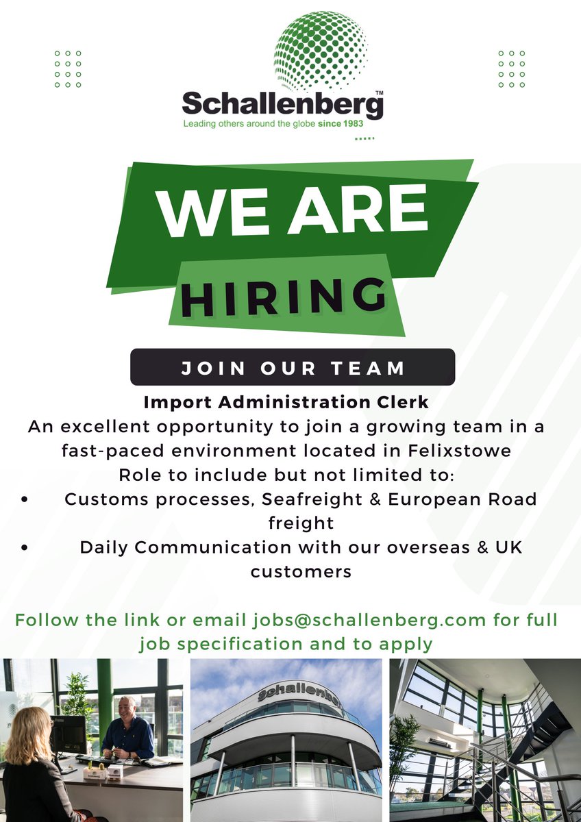 We are hiring! 

Click the link below or email jobs@schallenberg.com today for more details on how to apply to join our growing team!

uk.indeed.com/job/import-adm…

#SchallenbergInternational #Felixstowe #freightforwarding #logisticsolutions #customsclearance #jobs #newjob