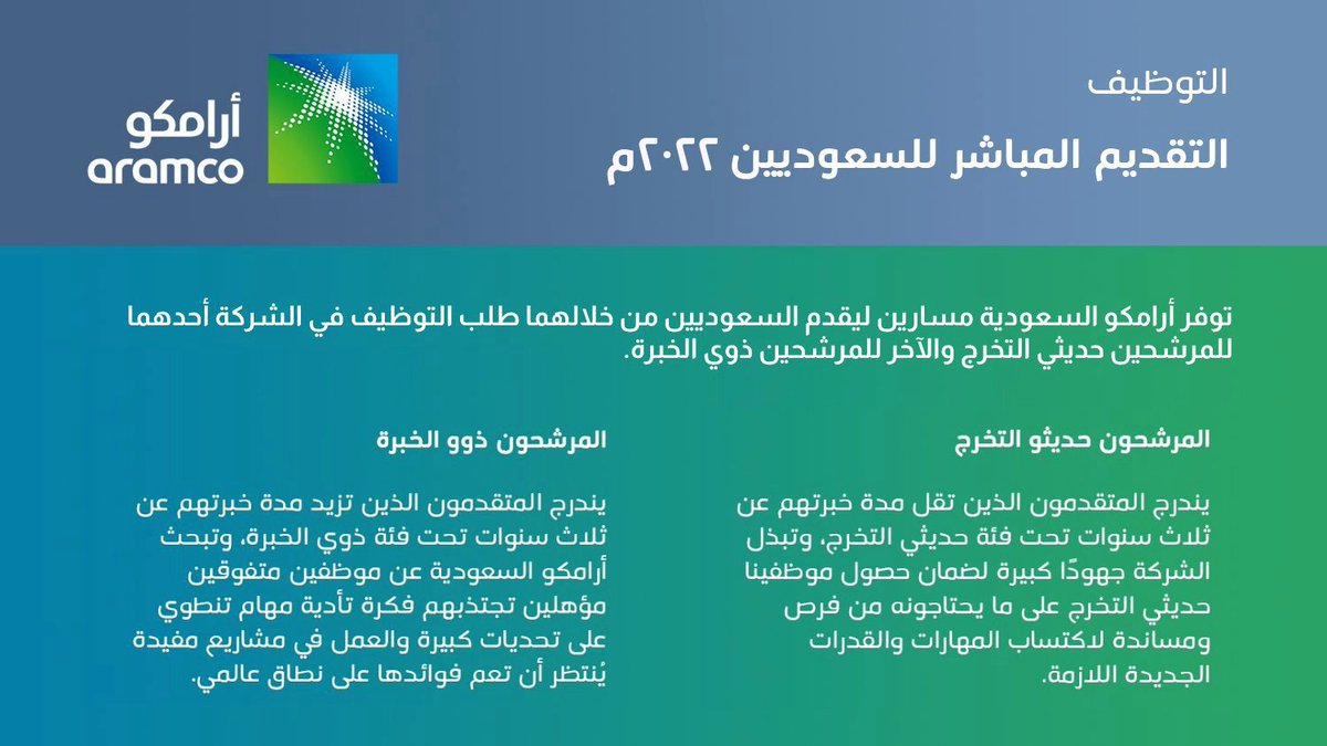 WadhefaDotCom's tweet photo. 🟢 فتح التقديم المباشر في #أرامكو:

تعلن شركة أرامكو السعودية عن فتح التقديم العام (التوظيف المباشر) خلال العام 2022م في كافة التخصصات، للجنسين حملة (الثانوية، الدبلوم، البكالوريوس) عبر مسارين أحدهما (لحديثي التخرج) والآخر (لذوي الخبرة).

التفاصيل: https://t.co/B0WNT1MhRe

#وظائف https://t.co/hjEa1NiWdi