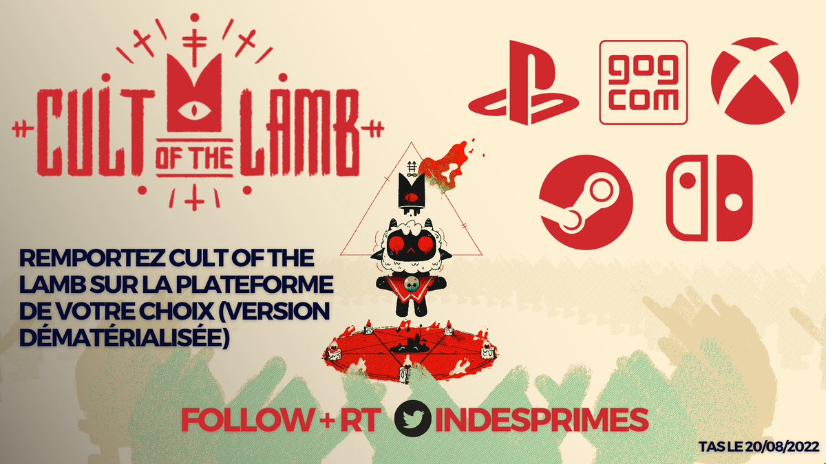 IndesPrimes's tweet image. 🎁 Remportez Cult of the Lamb sur la plateforme de votre choix !

 Follow + RT
🎮 Steam, GOG, Xbox, PlayStation, Switch
⏳ TAS le samedi 20 août 2022

🍀 Bonne chance à toutes et tous !

#concours #indie #indiegames