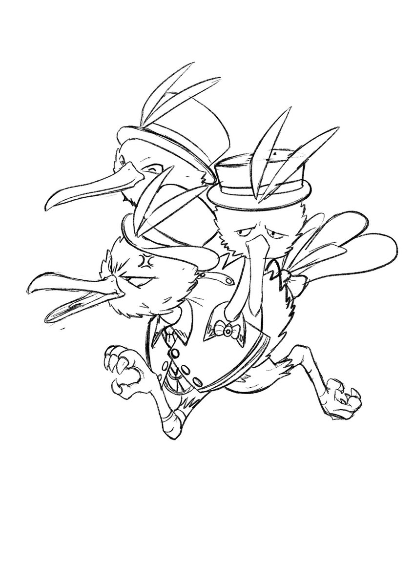 blawn_z's tweet image. I’m sketching 2 holowear for #Dodrio: tuxedo style and explorer style. Gotta sketch for scizor and mew too, then i’m gonna finish them ;)
#PokemonUNITE