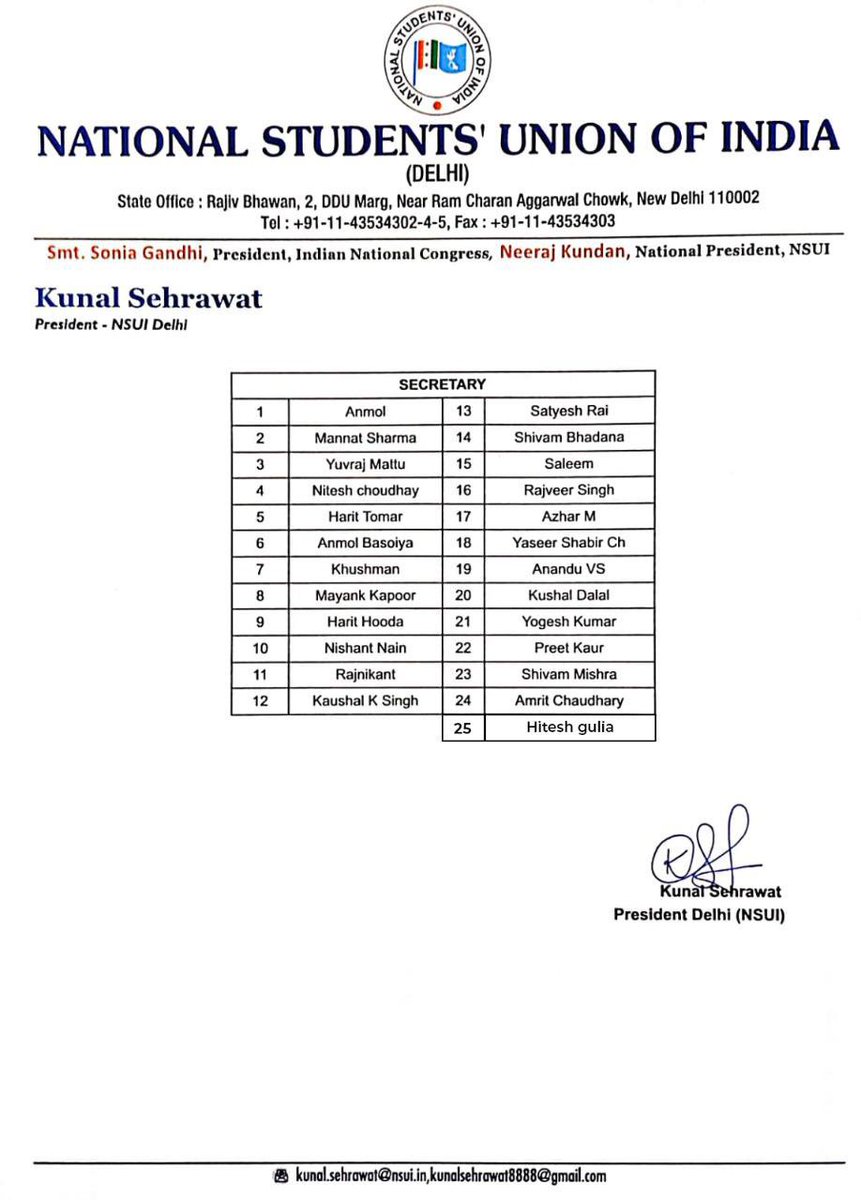 Kunalsehrawat8's tweet photo. My best wishes to newly appointed Vice Presidents, General Secretaries &amp; Secretaries of @NSUIDelhi

I am confident that you all will work hard to strengthen the organization &amp; to raise the voice of students.

Thankful to @NSUI NP @NeerajKundan Ji for all the support &amp; guidance. https://t.co/KdsDqCOM7H