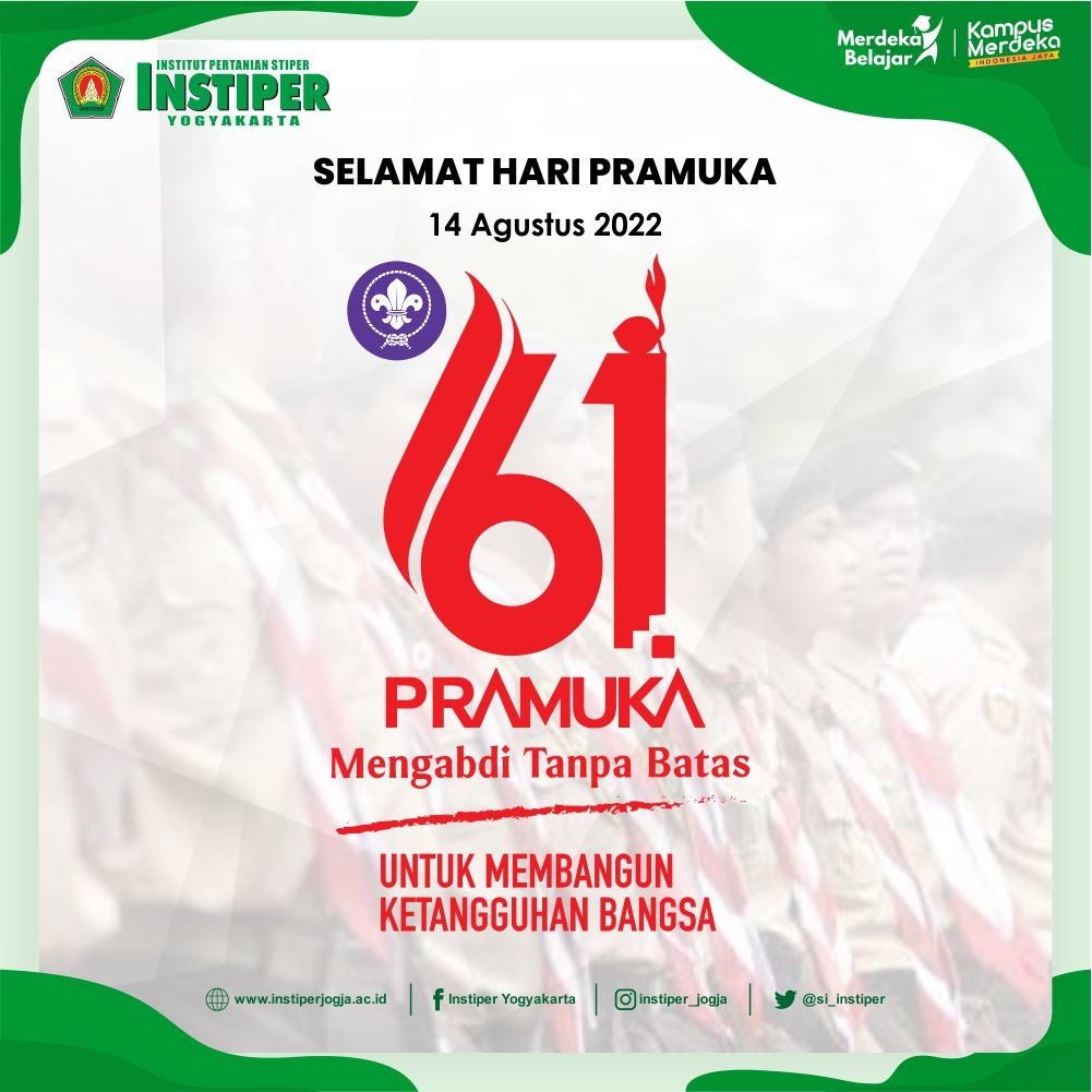 si_instiper's tweet photo. Selamat Hari Pramuka
- 14 Agustus 2022 - 

#haripramuka2022 
#pertanian
#perkebunan
#instiperjogja https://t.co/f1zgqPxGSp