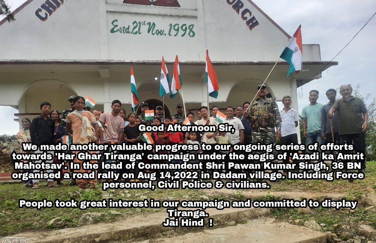 36bncrpfindia's tweet photo. “Let’s celebrate the Amrit Mahotsav,
To bring awareness among the people”.
#36_BN
#COMMANDENT
#Dadam_Village
#Jai_Hind https://t.co/9tnq1h9SHE
