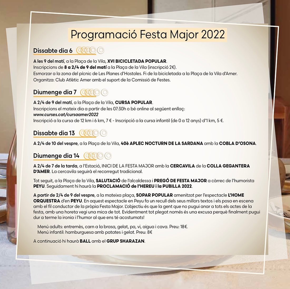 viladAmer's tweet photo. Festa Major Amer 2022
Activitats per avui diumenge 14 d'agost
18.30 h, a l’Estació, INICI DE LA FESTA MAJOR amb la CERCAVILA de la COLLA GEGANTERA D’AMER.
Tot seguit, a la Pl. de la Vila, SALUTACIÓ de l’alcaldessa i PREGÓ DE FESTA MAJOR a càrrec de @enpeyu . 
👇👇⏬⏬ https://t.co/FDhKKv2IZm