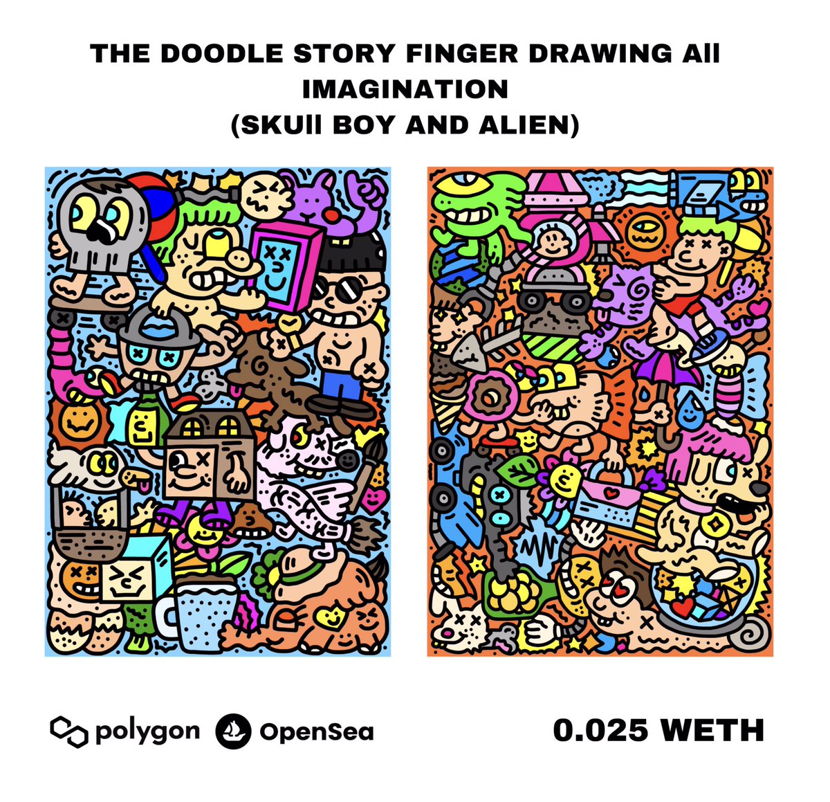 New Drop Doodle! (Skull Boy &amp; Alien)
The Doodle Story Finger Drawing All Imagination.
My Doodle Artwork Were Sketched By My Finger Every Single Pieces.Available on Polygon 0.025 WETH

opensea.io/collection/the…

#NFTCommunity #NFTCollector #Polygon #Doodle