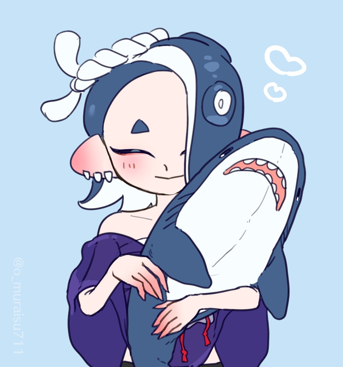 1girl smile stuffed shark closed eyes blue background solo multiple earrings  illustration images