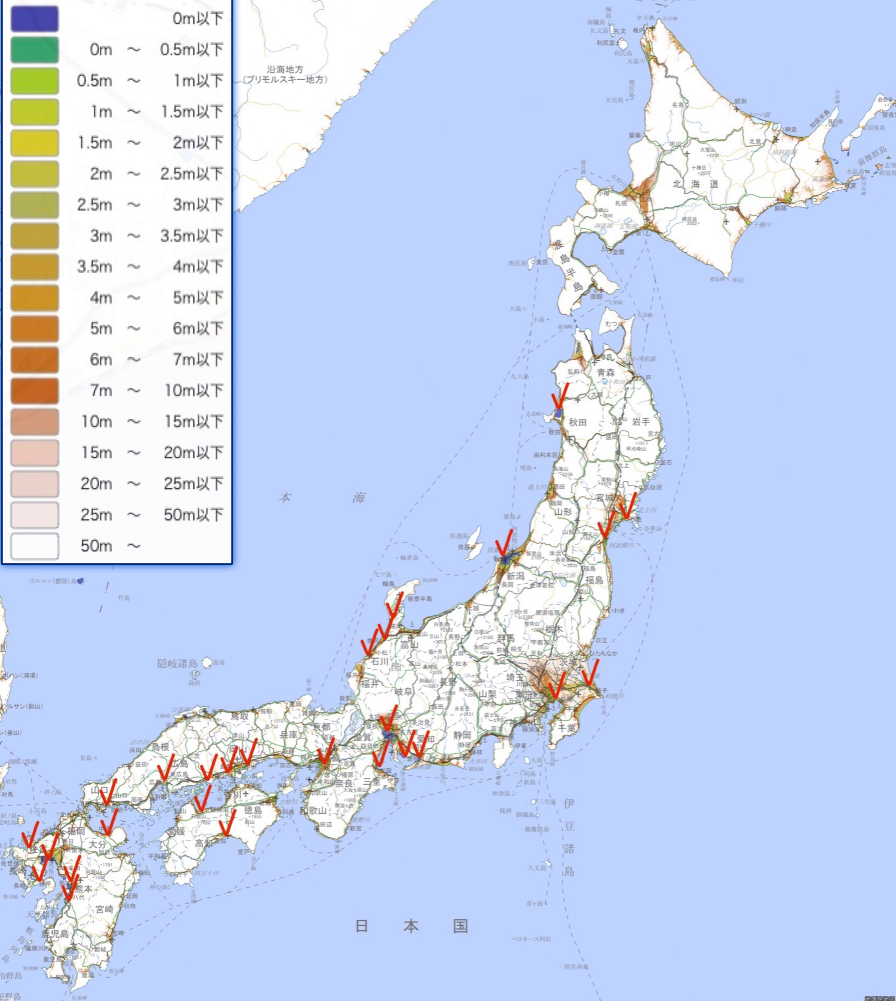 治田 洗礫 日本ゼロメートル地帯選手権 地理院地図の色別標高で低地を塗り分けてゼロメートル以下を濃紫にして全国を表示してみたら濃尾平野と新潟平野が目立ったが よく見ると各地に存在するので27代表を選んで並べてみた 干拓地 地盤沈下地帯など出自