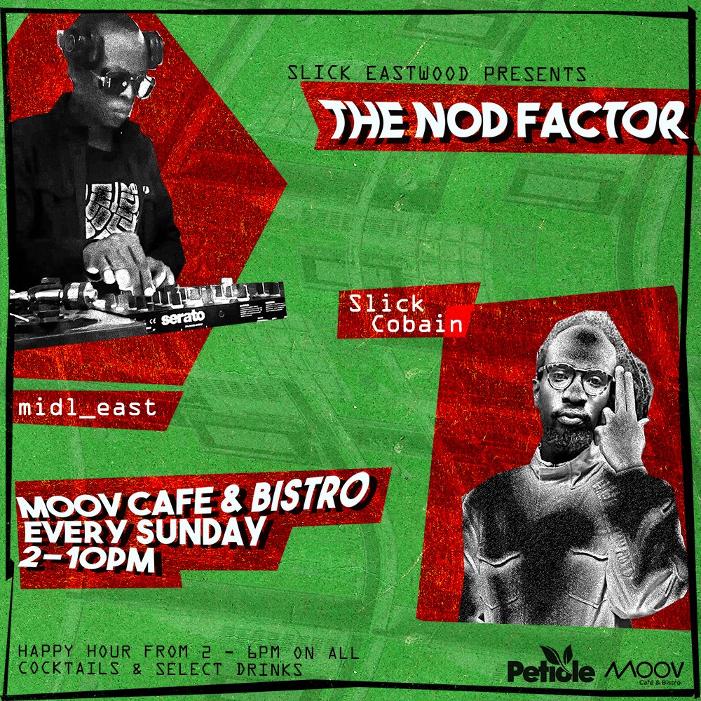 midL_east's tweet photo. Catch y'all later at Moov Café & Bistro. 2pm til late. Slick Eastwood w/gatthoni & special guests. Petiole is on the menu #TheNodFactor https://t.co/8LFEQJvE0V