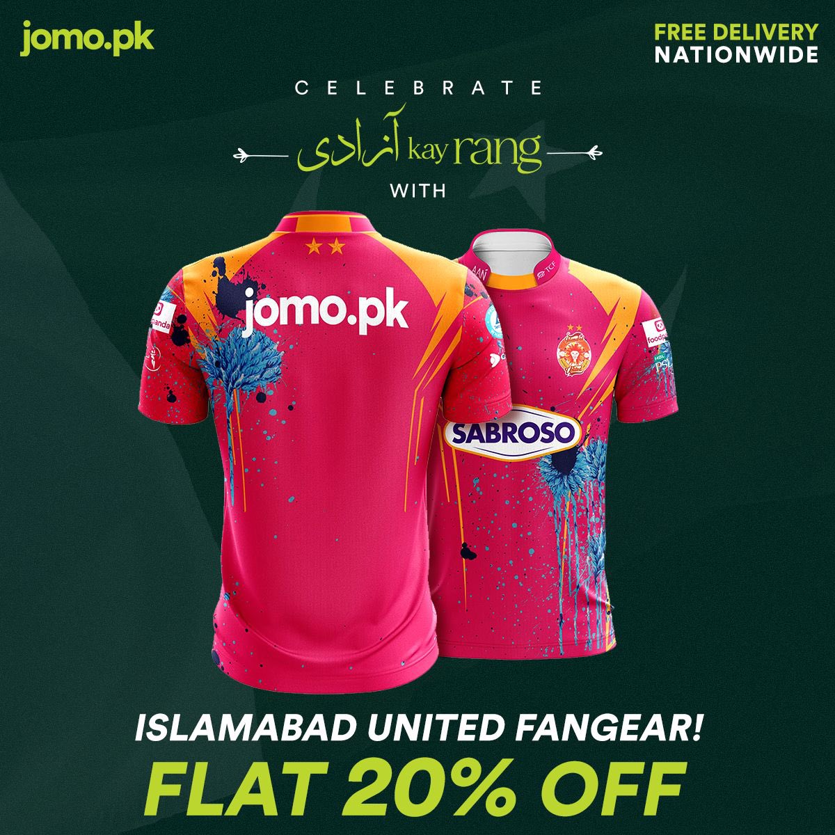 IsbUnited's tweet photo. Celebrate this Independence Day with π and Jomo! Enjoy Flat 20% Off on Islamabad United Fangear and free time-slot delivery π
Shop now π https://t.co/SXld1DkvOK
#ISLUxJOMO #IndependenceDay #14thAugust #Jinnah #Azadi #75thindependenceday #GenJomo #LiveJomo #ShopWearLiveJomo https://t.co/BVz7GAkFta