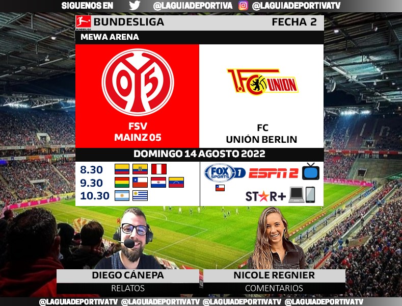 Laguadeportiva1's tweet photo. #Bundesliga 🇩🇪 | Fecha 2
#Mainz 🆚 #UBerlin
🗣️Relatos: @diecanepaok
🎙️Comentarios: @nicoleregnier11
📺Fox Sports 1 🇨🇱
📺ESPN 2 (Excepto 🇨🇱)
🖥️STAR Plus
#⃣ #BUNDESLIGAxESPN #M05FCU
Dale RT https://t.co/ctWDRv1XIN
