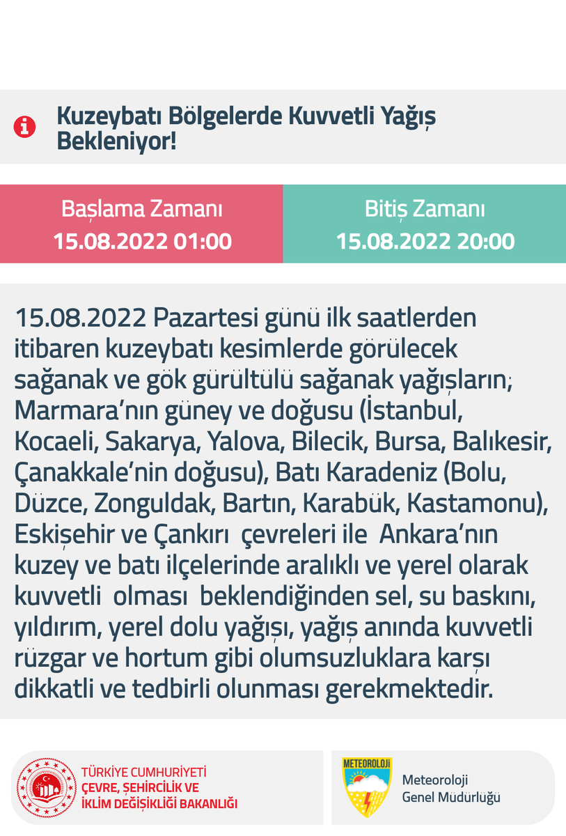 🔊Meteorolojik Uyarı 
Kuzeybatı Bölgelerde Kuvvetli Yağış Bekleniyor!
<a href="/AFADBaskanlik/">AFAD</a> <a href="/TC_istanbul/">TC İstanbul Valiliği</a> <a href="/kocaelivaliligi/">TC Kocaeli Valiliği</a> <a href="/SakaryaValiligi/">T.C. Sakarya Valiliği</a> <a href="/yalovavaliligi/">T.C. Yalova Valiliği</a> <a href="/bilecikvaliligi/">BİLECİK VALİLİĞİ</a> <a href="/BursaValiligi/">T.C. Bursa Valiliği</a> <a href="/TC_Balikesir/">Balıkesir Valiliği</a> <a href="/CanakkaleGovTr/">Çanakkale Valiliği</a> <a href="/boluvaliligi/">T.C. Bolu Valiliği</a> <a href="/duzce_valiligi/">Düzce Valiliği</a> <a href="/TC_Zonguldak/">Zonguldak Valiliği</a> <a href="/tcbartinvalilik/">T.C. Bartın Valiliği</a>