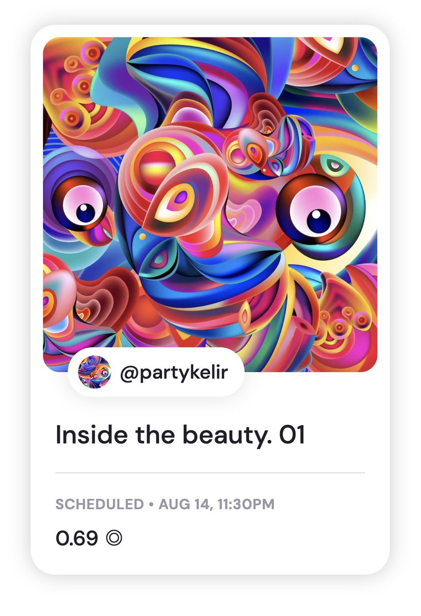 Partykelirs's tweet photo. 🌈Auction Day 🌈

Inside the beauty. 01

Sunday. Aug'14 2022
11.30 PM EST @formfunction 

Reserve price : 0,69 SOL
Duration : 48 Hours

Link to Bid:
https://t.co/X28NBl7Rc3

#solana #solanaNFTs https://t.co/sjrtBrb1oK