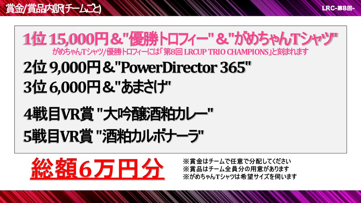 📢社会人の方へ📢
📢第8回LRCUP予選の募集開始📢

これよりLRCUP募集開始です。

【条件】
①本ツイートのいいね＆リツイート
②以下アカウントフォロー
<a href="/PowerDirectorJP/">【公式】CyberLink / サイバーリンク 🎥📸</a>
<a href="/tachikawakisho1/">トロフィー生活【公式】🏆✨</a>
<a href="/hakutsuru_sake/">白鶴酒造【公式】日本酒メーカー🍶</a>
<a href="/gameAwesomeLG/">がめちゃん【GAME AWESOME 公式】</a>
<a href="/LRCUP/">LR Awesome【LRA】</a>
③代表者のみ応募フォーム記入
(docs.google.com/forms/d/e/1FAI…)

#LRCUP