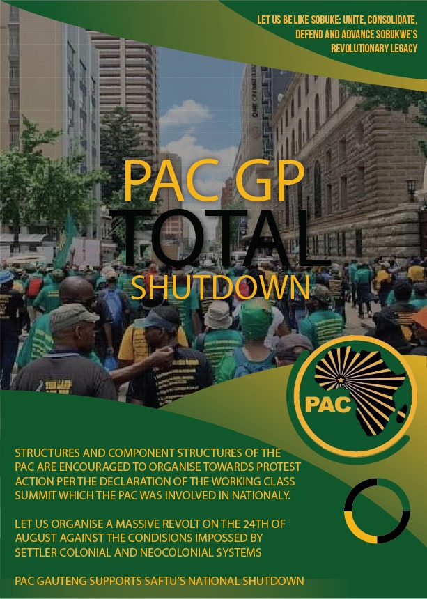 The Party of Land and the Revolution supports the #22Aug22NationalShutdown <a href="/SAFTU_media/">SAFTU</a> <a href="/ZwelinzimaVav15/">Zwelinzima Vavi</a> <a href="/MyPAConline/">Pan Africanist Congress of Azania (PAC)</a> <a href="/mypasonline/">PASO Of Azania- PASO</a> <a href="/WRPRLibrary/">Walter Rodney People's Revolutionary Library</a>