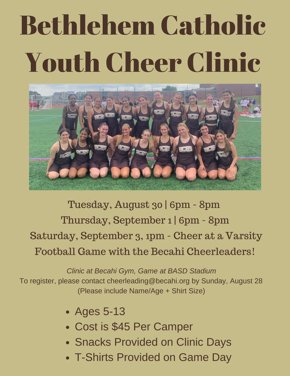 Bethlehem Catholic (@becahi_hawks) on Twitter photo ๐ฝ๐๐๐๐๐ ๐๐ค๐ช๐ฉ๐ ๐พ๐๐๐๐ง ๐พ๐ก๐๐ฃ๐๐
Train with our squad for two sessions, then cheer at a Varsity football game!
To register, contact cheerleading@becahi.org by Sun, 8/28 #BecahiCheer ๐ฝ๐๐๐๐๐ ๐๐ค๐ช๐ฉ๐ ๐พ๐๐๐๐ง ๐พ๐ก๐๐ฃ๐๐
Train with our squad for two sessions, then cheer at a Varsity football game!
To register, contact cheerleading@becahi.org by Sun, 8/28 #BecahiCheer