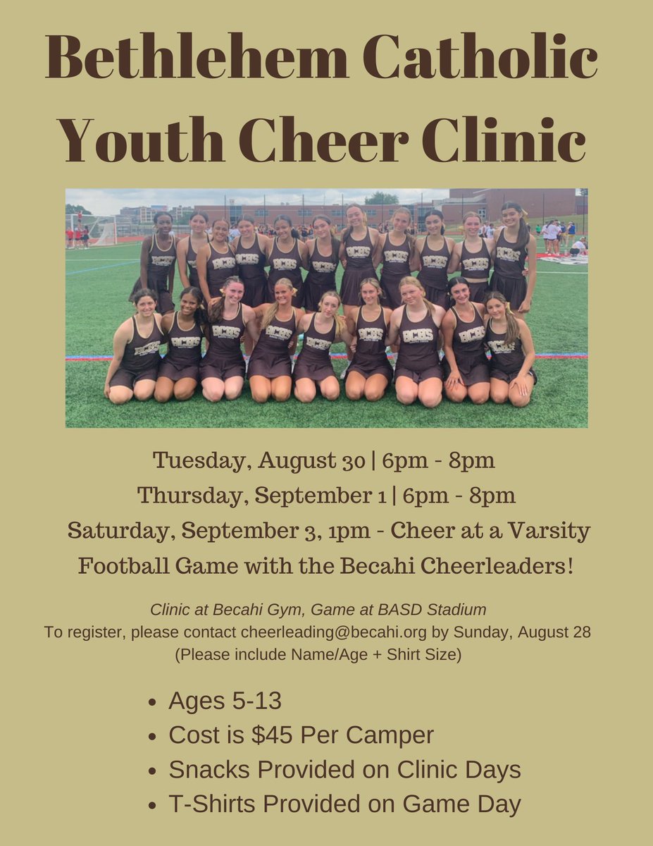 𝘽𝙚𝙘𝙖𝙝𝙞 𝙔𝙤𝙪𝙩𝙝 𝘾𝙝𝙚𝙚𝙧 𝘾𝙡𝙞𝙣𝙞𝙘 Train with our squad for two sessions, then cheer at a Varsity football game! To register, contact cheerleading@becahi.org by Sun, 8/28 #BecahiCheer