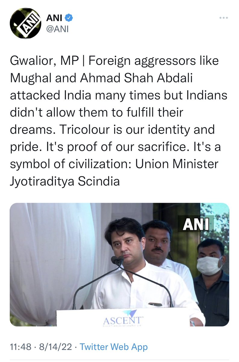 SaketGokhale's tweet photo. Union Minister @JM_Scindia intentionally omits mentioning the East India Company or the British in his list of “foreign aggressors”. 

Is it because the Scindias collaborated with the British or is it because his heroes like Savarkar were “obedient servants of the Emperor”? https://t.co/x4RIoDKMpZ