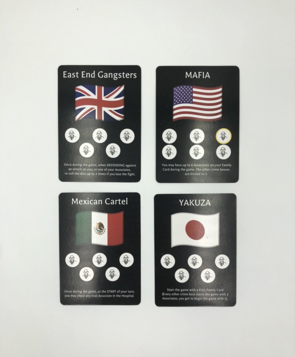 'The Family' puts you in the shoes of a crime lord. This version includes the East End Gangsters, Yakuza, Mafia and Cartel and each has their own perk, and their own Base Location. 

#cardgames #boardgames #ttrpg #mafia #kickstarte