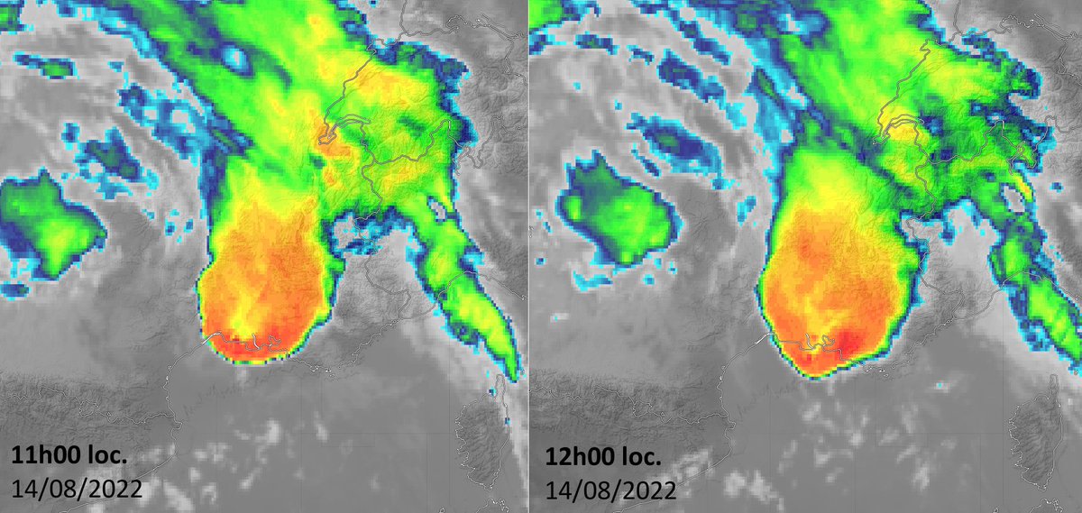 Le système orageux virulent qui a concerné entre autres l'#Hérault ce matin a présenté temporairement une signature en V (sommets très froids sur le flanc sud du système - ici en rouge - avec "traîne chaude" au nord immédiat - ici en jaune) =&gt; propice aux pluies intenses surtout. 