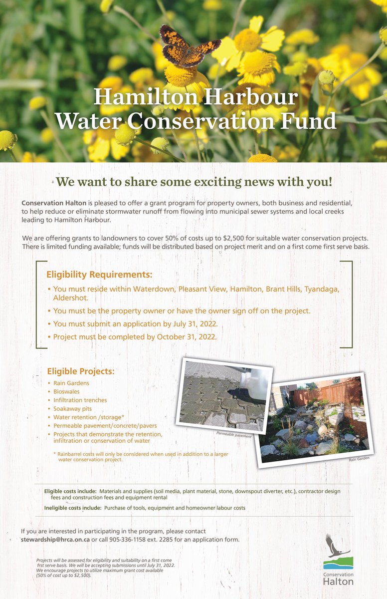 HamiltonNature's tweet photo. Conservation Halton @ConservHalton is offering #WaterConservation grants for residents & businesses in Waterdown, Pleasant View, Brant Hills, Tyandaga, Aldershot and Hamilton.
The grant can help landowners cover 50% of eligible costs up to $2,500
#EcoGrant https://t.co/XGxNRux7lW