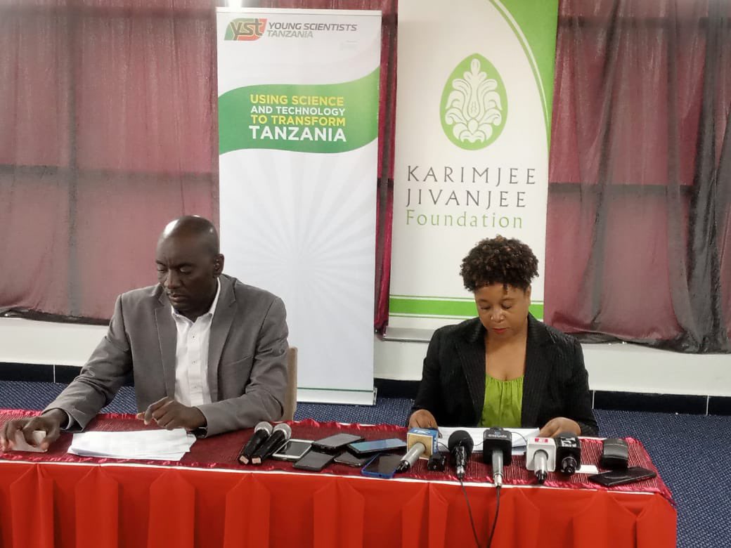ystanzania's tweet photo. Dr Gozibert Kamugisha Co-founder, YST and Caren Rowland, Executive Officer - Karimjee Jivanjee Foundation at YST Press Conference this morning in Golden Tulip Hotel. Outlining plans and progress  #Science4Development #YSTExhibition #YSTRegionalExhibitions https://t.co/dFLjIoOW7Q